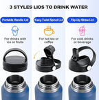 HYDROWION 40 oz Insulated Water Bottle with Straw fit in Car Cup Holder(Cold 48 hrs, Hot 24 hrs) Drinking Bottle with Straw Lid, Spout Lid and Flex Cap Leakproof Travel Thermo Mug，Red