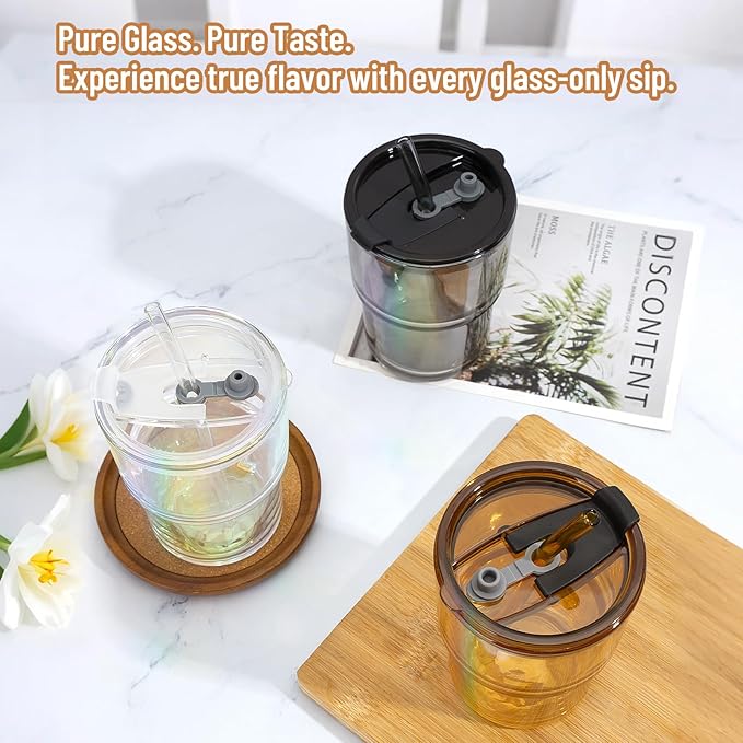 13 oz Glass Tumbler with Glass Straw and Lid, Leak-Proof Reusable Travel Cup for Iced Coffee, Tea, Matcha, Fruit Juice – Thick Wall Clear Water Bottle (Gray, 2 Pack)
