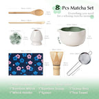 Matcha Set, 8Pcs Floral Ceramic Matcha Set with Matcha Whisk, Holder, Scoop, Scoop Rest, Sifter, Spoon and Tea Towel - Thoughtful Matcha Whisk Set Gift for Matcha Lovers (Beige & Green)