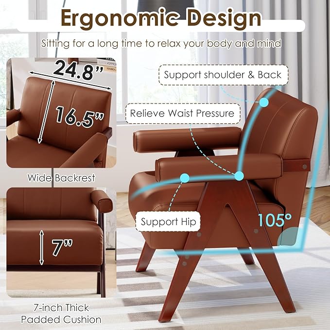 STHOUYN Brown Leather Accent Chairs Set of 2, Mid Century Modern Chair Set of 2 - Image 6