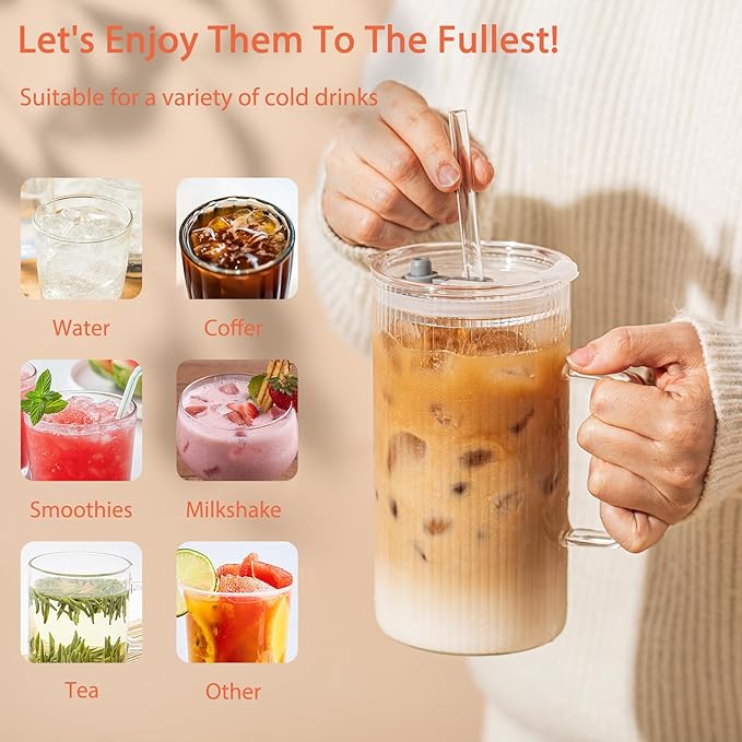 26oz Large Ribbed Glass Tumbler with Handle and Lid - Set of 2, Clear Glass Cups with Reusable Straws, Vertical Striped Design - Perfect for Iced Coffee, Tea, Smoothies, and Cocktails