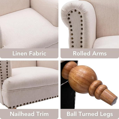 Beige Linen Fabric Accent Chair, Modern Farmhouse Upholstered Armchair - Image 3