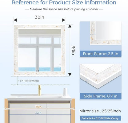 Tanmicoshomy 30 x 30 Inch White Rectangle Wall Mirror, Natural Shell Framed - Image 3