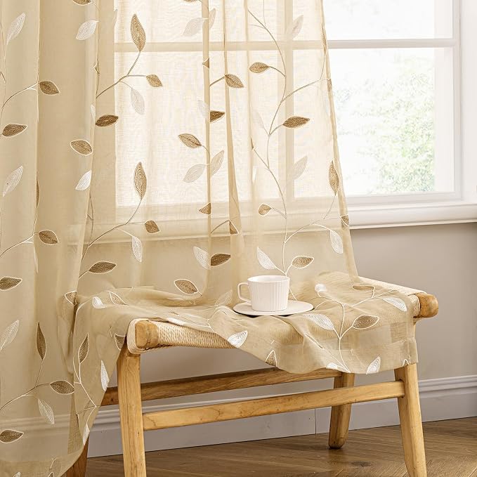 MIULEE Khaki Sheer Curtains 2 Panels Embroidered Leaf Patterned, W52 x L84 | by MIULEE