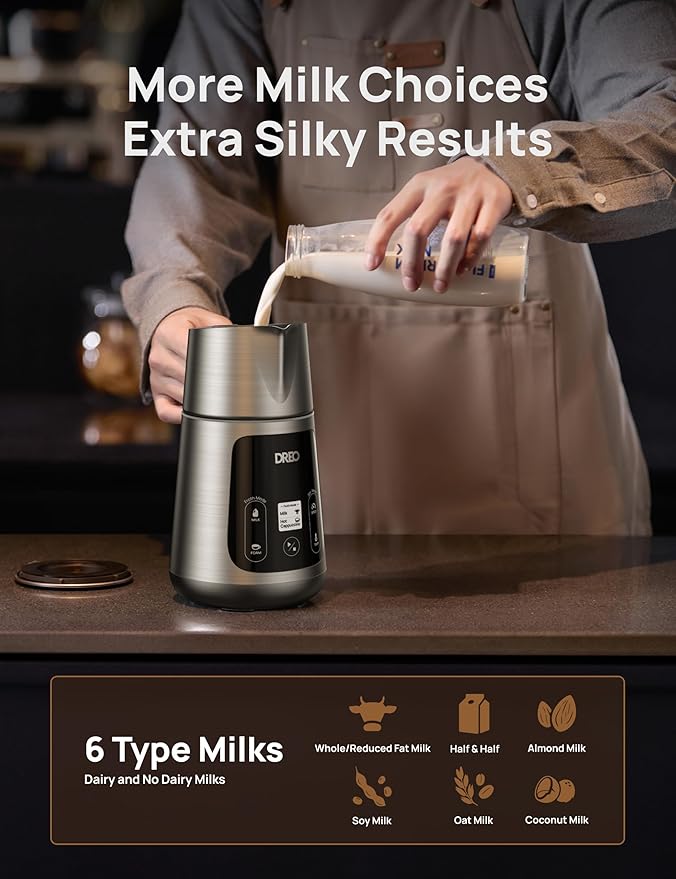 Dreo All-in-1 BaristaMaker Milk Frother, Electric Foam Frother for Latte Art Microfoam and Coffee, 15oz/450ml Automatic Milk Warmer with 30 Drinks, Dishwasher Safe, Dairy/Plant-Based Milk