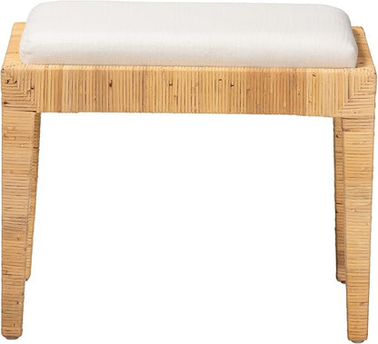 Modern Bohemian Natural Brown Rattan and Mahogany Wood Ottoman Cream Eclectic - Image 3