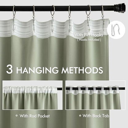 MIULEE Sage Green Back Tab Blackout Curtains 52x72 Inches Long 2 Panels Set | - Image 3