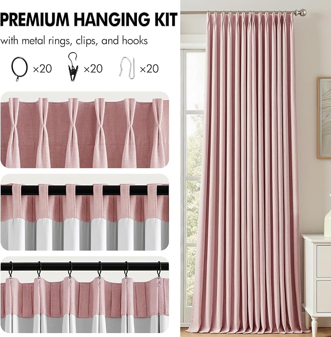 MIULEE Pink Pinch Pleated 100% Blackout Linen Curtains 40x90 Inches | Room - Image 8