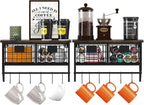 Helsin Industrial Wall Mounted Metal Wood Floating Shelves with Baskets Hooks Hanging Display Shelf Sundries Holder for Coffee Bar Kitchen Bathroom Organization and Home Decor, Black (16inch, 2 Sets)