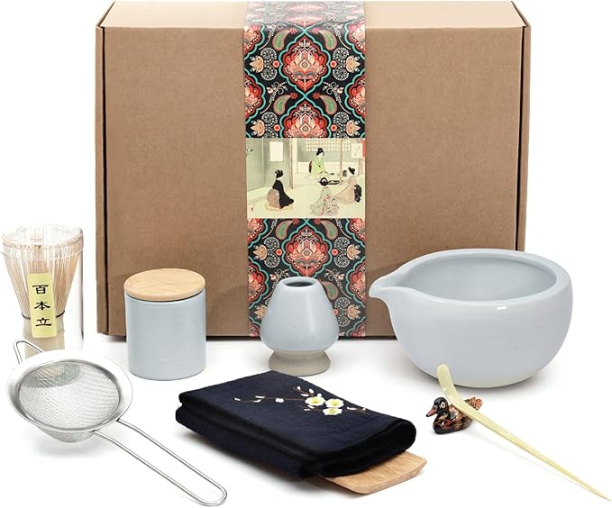 Artcome 9Pcs Japanese Matcha Tea Set, Matcha Bowl with Pouring Spout, Matcha Whisk, Ceramic Whisk Holder, Tea Scoop, Matcha Powder Caddy, Traditional Handmade Matcha Ceremony Gift Box Kit