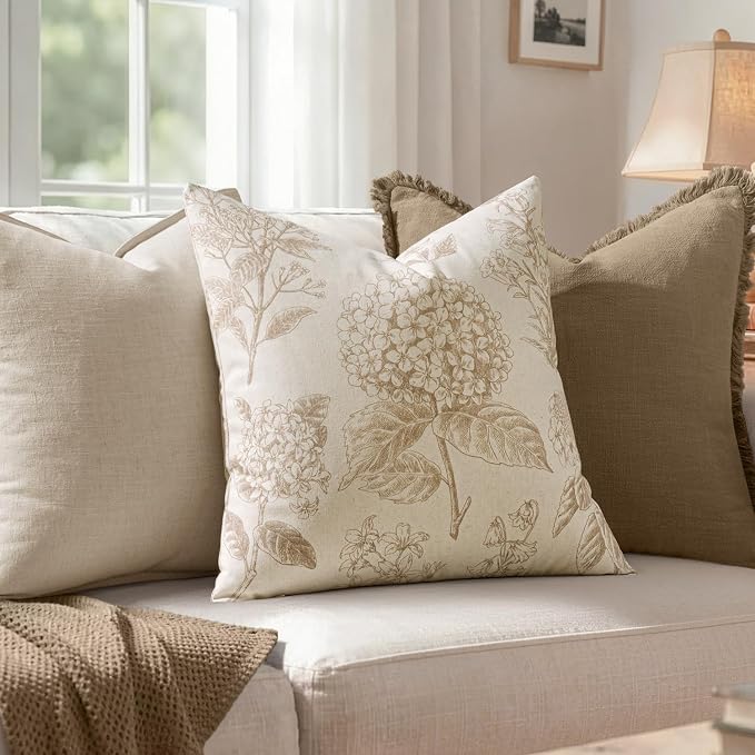Set of 2 Decorative Floral Pillow Covers 18x18 Inch Tan Beige | Neutral - Image 3