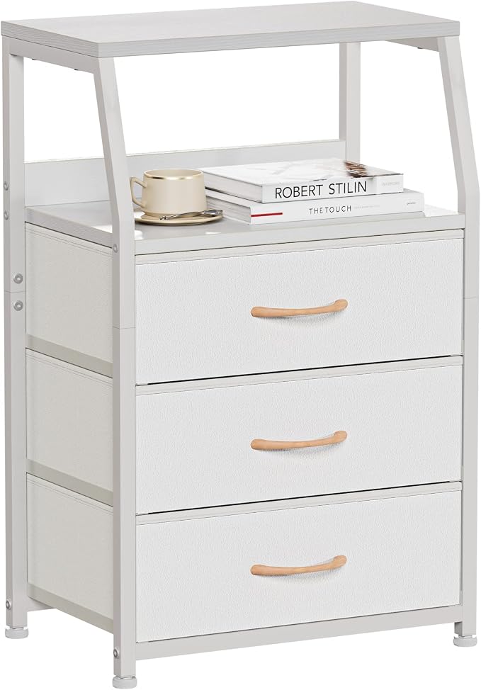 Furnulem White Nightstand with 3 Drawers and 2-Tier Shelf, Small Night Stand by Furnulem