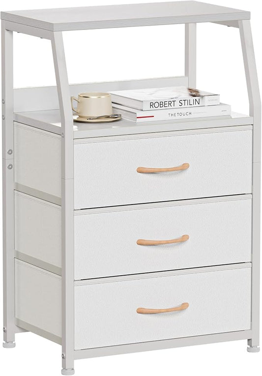 Furnulem White Nightstand with 3 Drawers and 2-Tier Shelf, Small Night Stand by Furnulem