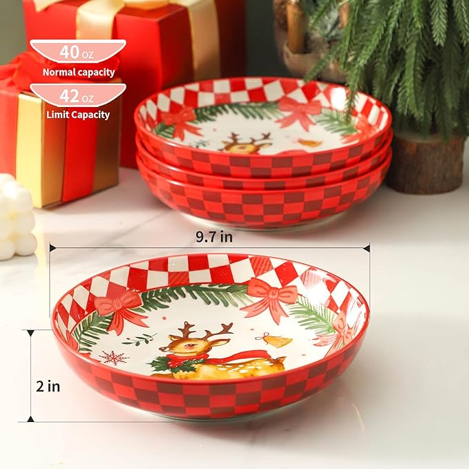 HASENSE Pasta Bowls Set of 4, 42 Ounce Ceramic Salad Serving Bowl for Kitchen,9.7 Inch Large Shallow Bowls for Pasta Soup Salad Dinners,Holiday Gatherings,Christmas, Dishwasher & Microwave Safe