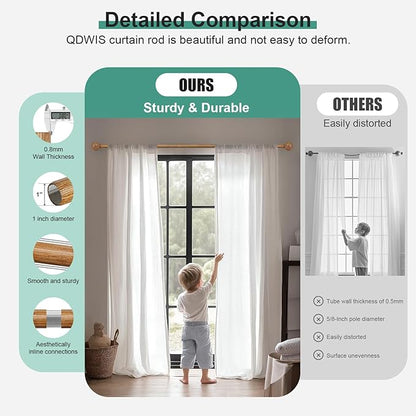 QDWIS Boho Wood Curtain Rods for Windows 66 to 120 inch, Rustic Decorative - Image 3