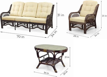 Malibu Lounge Set of 4: 2 Natural Rattan Wicker Chairs, Three-Seater Sofa - Image 5