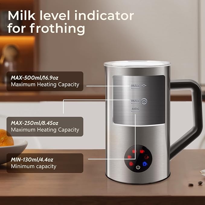 MAISON HUIS 6-IN-1 Milk Frother Steamer 550Watts, 20 oz Electric Stainless Steel, Hot and Cold Milk Frother for Latte, Macchiato, Cappuccino and Hot Chocolate