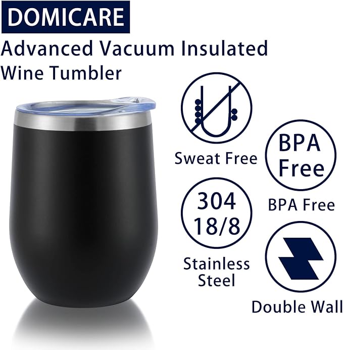 DOMICARE Stainless Steel Wine Tumbler Bulk with Lid, Personalized Insulated Tumblers Set, 12oz Travel Coffee Cups Pack of 8, Black