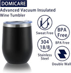 DOMICARE Stainless Steel Wine Tumbler Bulk with Lid, Personalized Insulated Tumblers Set, 12oz Travel Coffee Cups Pack of 8, Black