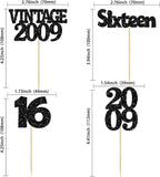 Gyufise 24Pcs 16th Birthday Cupcake Toppers Glitter Sixteen Vintage 2009 Sweet 16 Cupcake Picks Hello 16 Years Birthday Cake Decorations for Happy 16th Birthday Anniversary Party Supplies Black