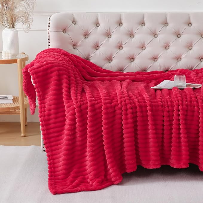 Cherry Red Throw Blanket for Couch Sofa 50x60 inches Striped Design | Fleece - Image 5