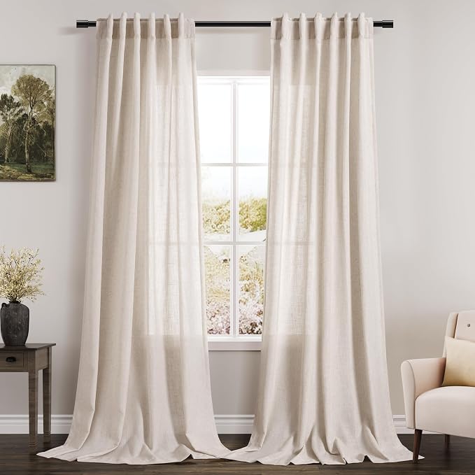 Beige Linen Curtains 96 Inches Long 2 Panels Set Back Tab Rod Pocket Semi Sheer by Nanspring