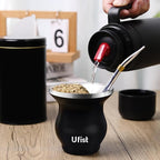 Yerba Mate Cup Set, Include Stainless Steel Double-Wall Mate Gourd with 2 Bombilla Straws and Cleaning Brush, 7.8oz Capacity, Black