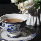 ACMLIFE Bone China Tea Cups and Saucers, 6.8 oz Tea Cup and Saucer Set, with Gold Trim and Gift Box, Blue and White (Blue-D)