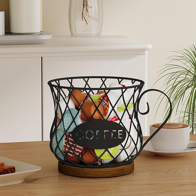 YINMIT K Cup Holder Organizer, Rustic Coffee Pod Holder Organizer, 35 Kcup Holder for Counter with Handle，Large Capacity Black Wire Coffee Capsule Basket for Kitchen Office Desktop (Circular Grid)