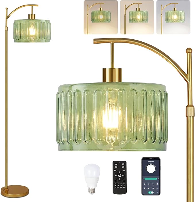 QIYIZM Glass Floor Lamp for Living Room, Mid Century Modern Brass Tall Lamp by QIYIZM