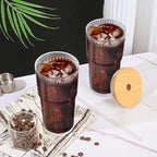 20oz Glass Cups with Lids and Straws,4PCS Ribbed Glass Coffee Cups,Iced Coffee Cups with Lid,Vintage Bamboo Tumbler for Juice,Smoothies