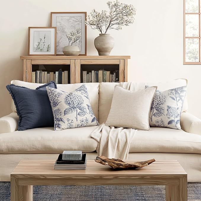 Set of 2 Decorative Floral Pillow Covers 20x20 Inch Navy Blue | Neutral - Image 4