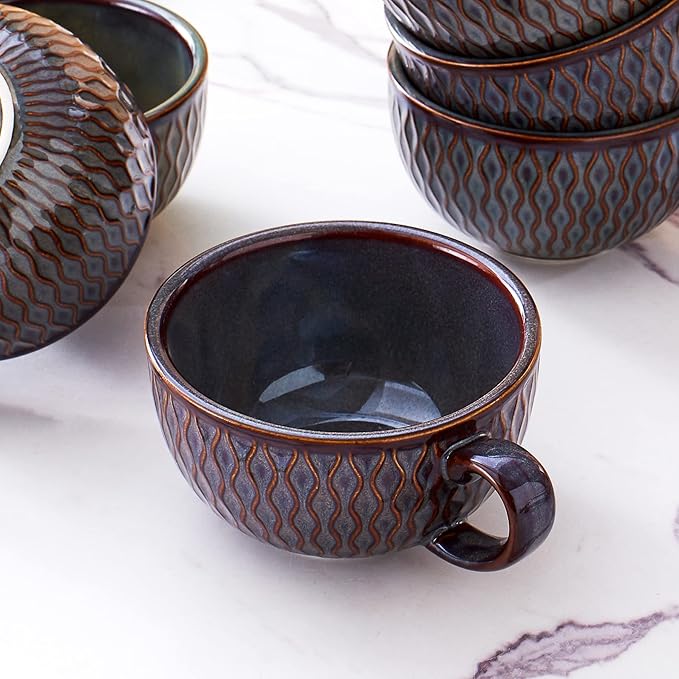 Set of 6 Cups Vintage Design 12 oz Professional Barista Ceramic Latte Art Cappuccino Cups Set (Embossed Grey * 6)