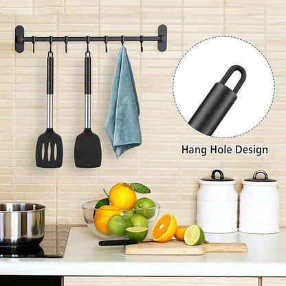 2 Pack Silicone Spatulas Turners, Stainless Steel Cooking Utensils BPA Free,Heat Resistant,Non Stick,Rubber Spatulas for Fish, Eggs, Pancakes, WOK, Black