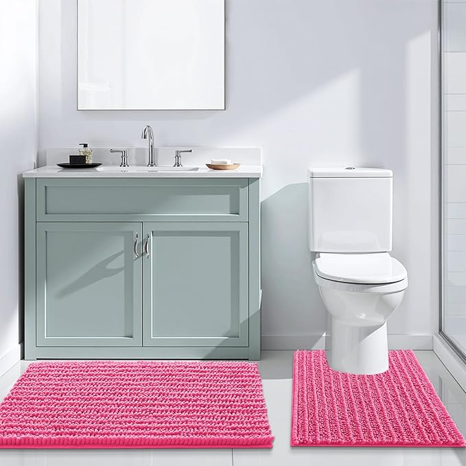 Arotive Luxury Chenille Bathroom Rug Mat, Extra Soft Thick Absorbent Shaggy Bath Rugs, Non-Slip Machine Wash Dry, Plush Bath Mats for Bathroom, Shower and Tub, 36x24, Deep Pink