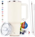40 oz Tumbler With Handle and Straw Made of Stainless Steel - Double Wall Vacuum Insulated Tumbler With Lid - Sweat Proof Easy Grip, BPA-Free, Dishwasher Safe Tumbler (Cream)