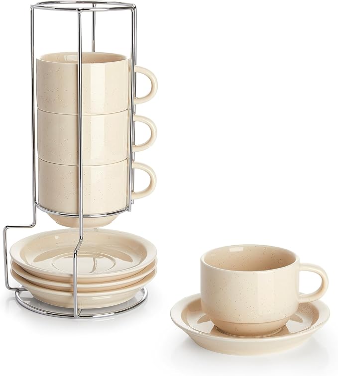 Sweese 8oz Porcelain Cappuccino Cups Set with Saucers, Metal Stand - Stackable, Durable for Coffee, Latte, Tea - Beige, 4 Pack