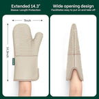 Beneno Kitchen Oven Mitts 2-Pack Heat Resistant to 500°F with Non-Slip Silicone Grip, Extra Long 14.3" Forearm Protection, Soft Quilted Cotton Terry Lining, Ideal for Cooking, Baking, Grilling, Beige