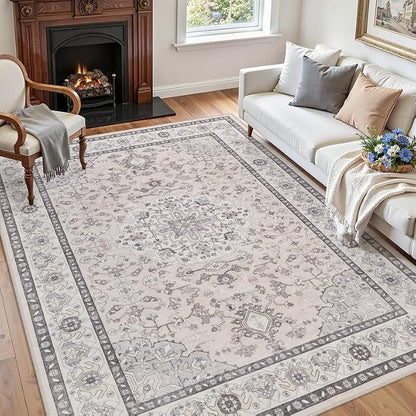 5x7 Area Rugs Living Room: Bedroom Washable Carpet Beige & Grey | Large Vintage - Image 3