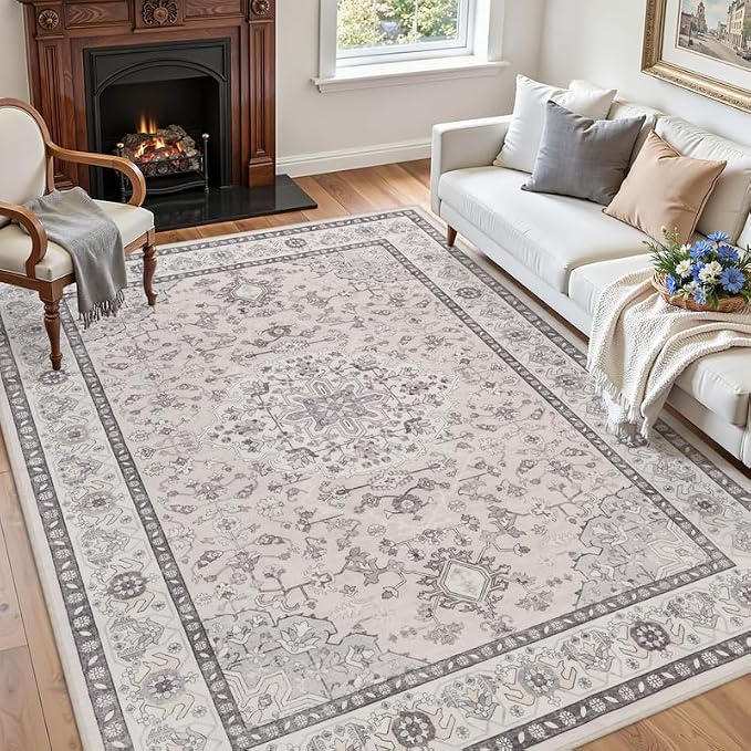 6x9 Area Rugs Living Room: Bedroom Washable Carpet Beige & Grey | Large Vintage - Image 3