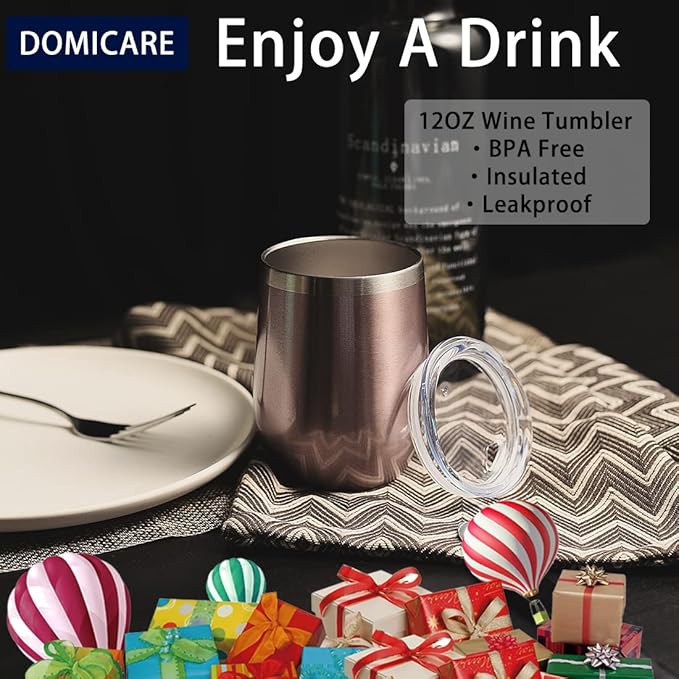 DOMICARE Stainless Steel Wine Tumbler Bulk with Lid, Personalized Rose Gold Insulated Tumblers Set, 12oz Travel Coffee Cups Pack of 4