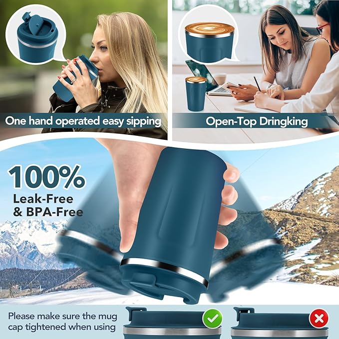 Volhoply 12 oz Double Wall Insulated Vacuum Travel Coffee Mug with Flip Lid,Reusable Stainless Steel Leak Proof Coffee Cup,Portable Iced Cafe Thermal Tumbler Suitable for Hot & Cold Drinks(Bule,1 Set)