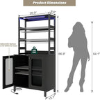 Aheaplus Bar Cabinet with Power Outlets, 67" Tall Wine Bar Cabinet Liquor Cabinets with LED Lights and Glass Holder, Coffee Bars Station for Living Room, Microwave Stand Bakers Rack Cabinets, Black