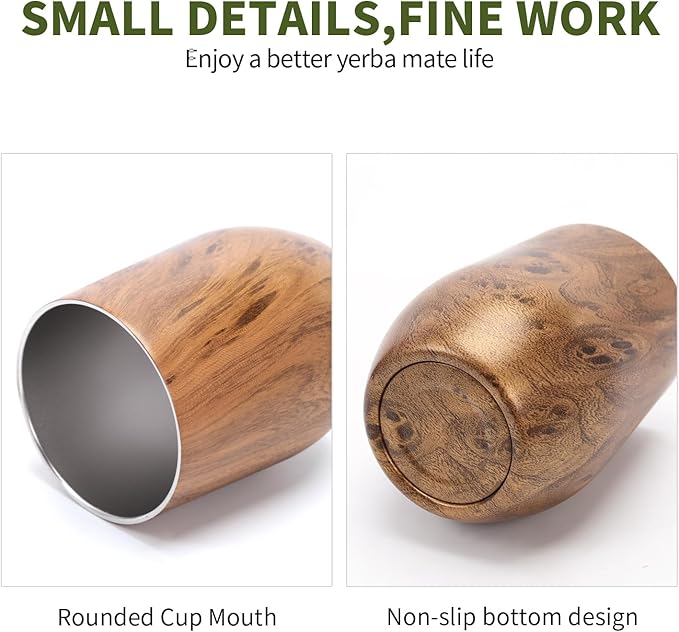 Yerba Mate Cup with Lid, 2 Bombillas, Cleaning Brush, 11.8oz Stainless Steel Double-Wall Insulated Gourd (Wood)