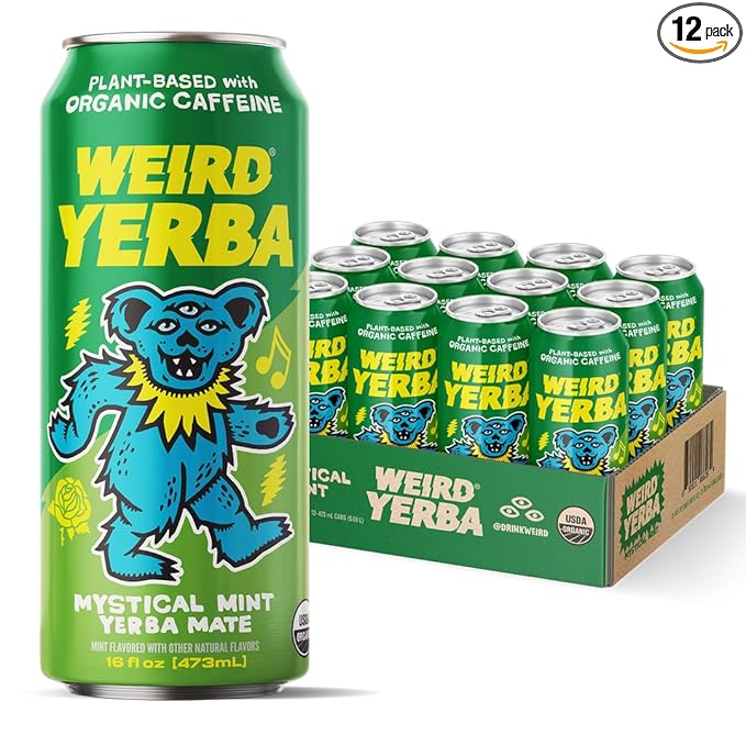 Drink Weird Organic Mystical Mint Yerba Mate – 16oz Cans, 160mg Organic Caffeine, Pack of 12 – Grateful Dead Collab, Clean Energy Drink Alternative