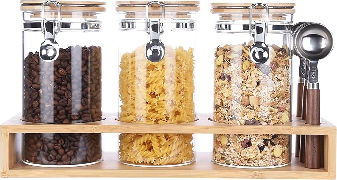KKC HOME ACCENTS Glass Canisters with Airtight Hinged Lids and Scoops,Sealed Glass Storage Jar Containers for Coffee Beans,Loose Leaf Tea,Sugar,Ground Coffee,Matcha,Bamboo Lid Airtight Jars