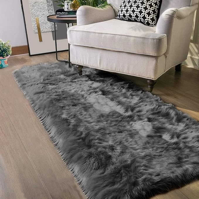 Latepis Dark Grey Runner Rugs 2x6 Faux Sheepskin Fur Rug Bedside Super Soft - Image 7