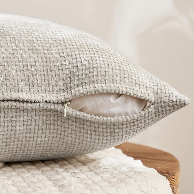 MIULEE Soft Decorative Chenille Pillow Covers Cream Grey 18x18 Pack of 4 | - Image 3