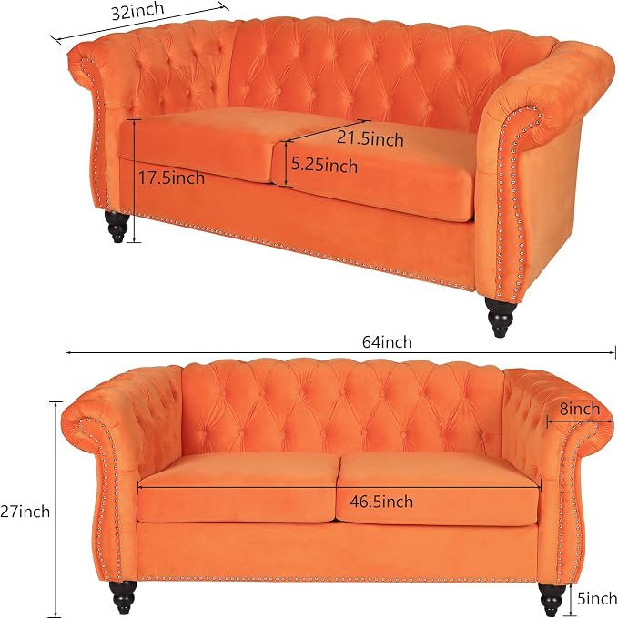 ORRD 2 Piece Living Room Set, Velvet Chesterfield Sofa Loveseat Couch Chair - Image 2
