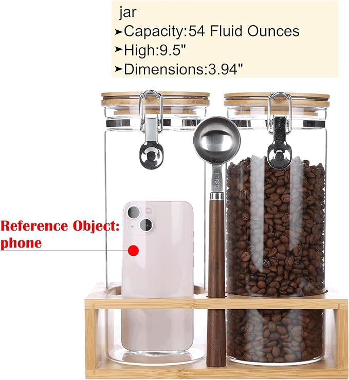 KKC Airtight Tall Glass Coffee Sugar Jar Canisters with Hinged Lids for Countertop,Glass Storage Containers with Scoop for Coffee Grind,Brown Sugar Flour Sealed Glass Jars,54 Fl oz